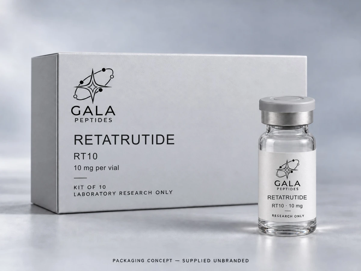 Gala Retatrutide RT10 packaging concept with a vial and silver box; actual kits are supplied unbranded