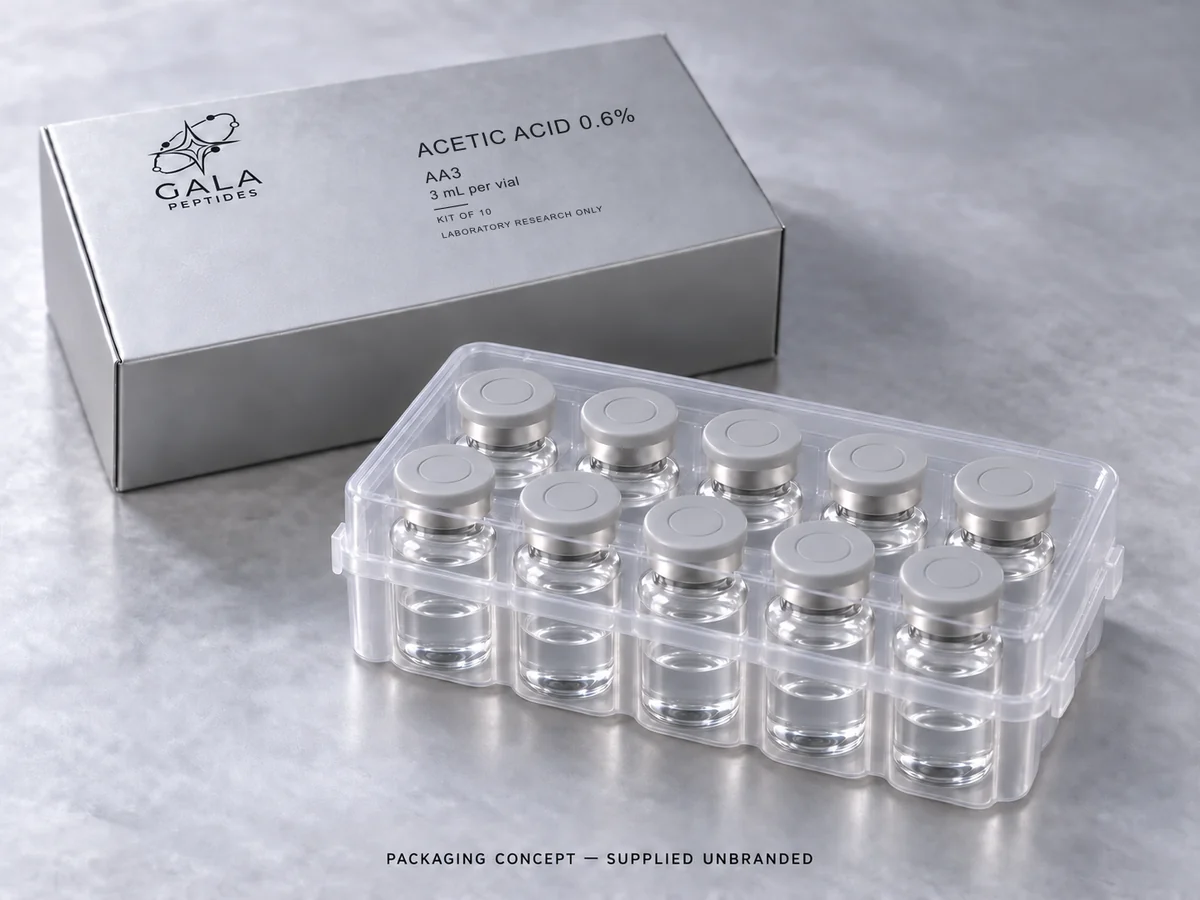 Acetic Acid 0.6% 3 mL per vial, AA3, Gala kit packaging concept with 10 unbranded vials; actual parcel supplied unbranded