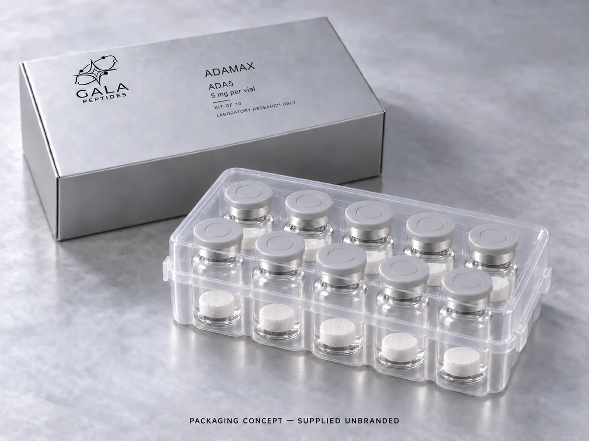 Adamax 5 mg per vial, ADA5, Gala kit packaging concept with 10 unbranded vials; actual parcel supplied unbranded
