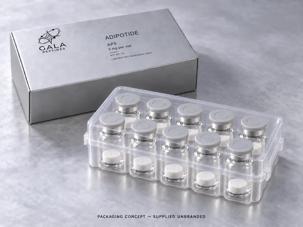 Adipotide 5 mg per vial, AP5, Gala kit packaging concept with 10 unbranded vials; actual parcel supplied unbranded