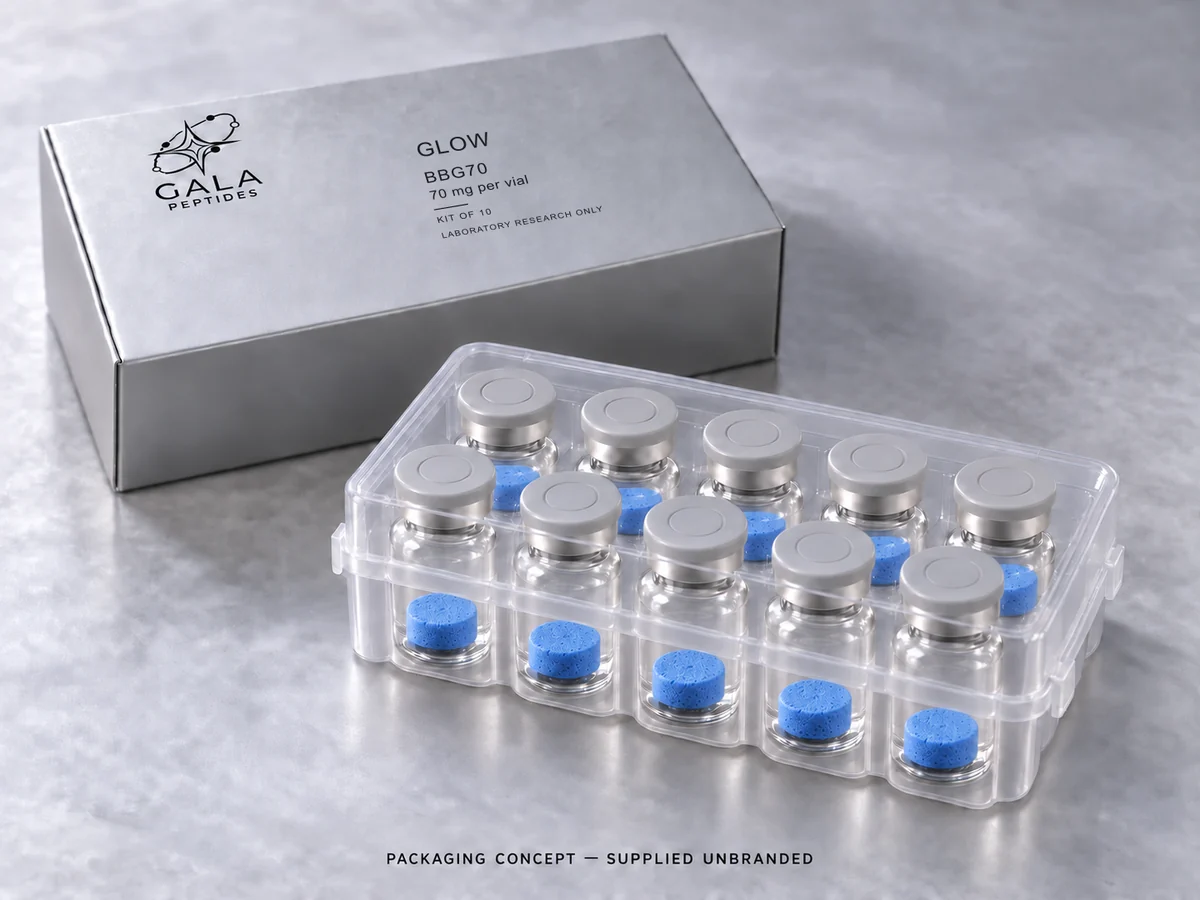 Glow 70 mg per vial, BBG70, Gala kit packaging concept with 10 unbranded vials; actual parcel supplied unbranded