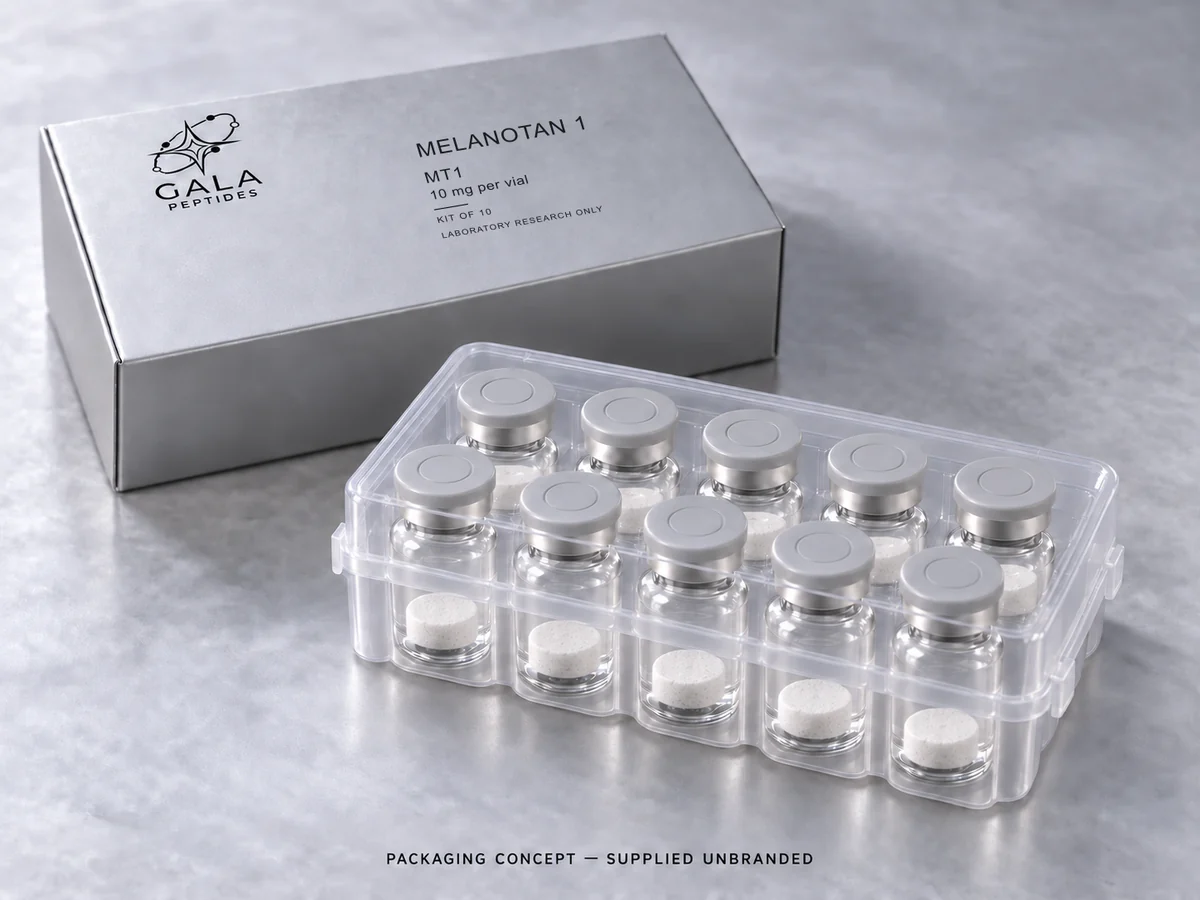 Melanotan 1 10 mg per vial, MT1, Gala kit packaging concept with 10 unbranded vials; actual parcel supplied unbranded