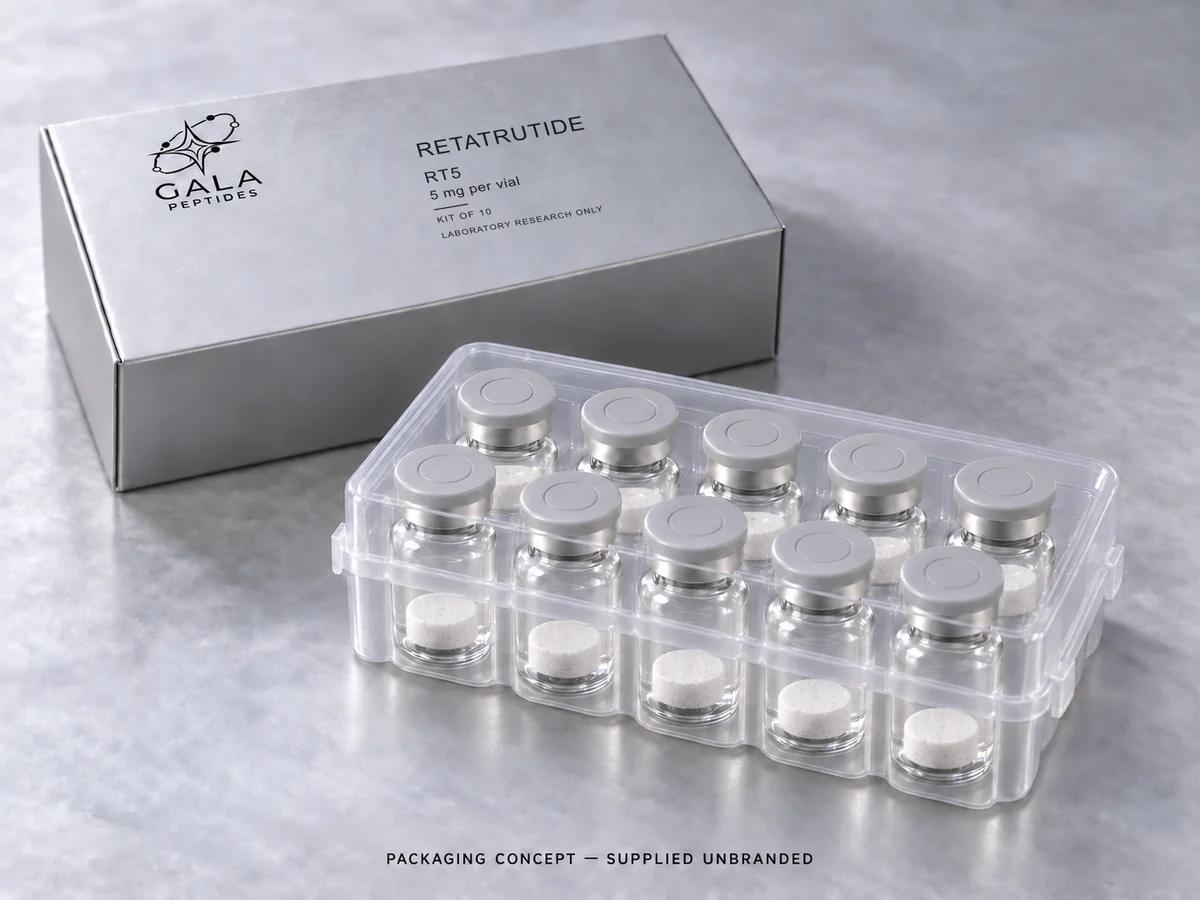 Retatrutide 5 mg per vial, RT5, Gala kit packaging concept with 10 unbranded vials; actual parcel supplied unbranded